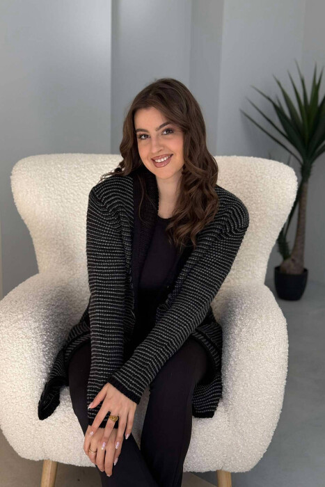 V NECK KNITTED WOMEN CARDIGAN BLACK-GREY/ZEGR - 3