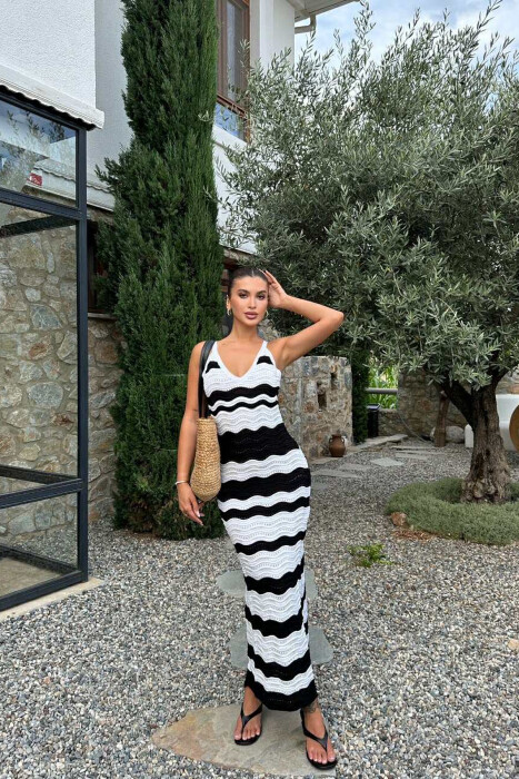 V NECK KNITTED WOMEN DRESS BLACK-WHITE/ZB 
