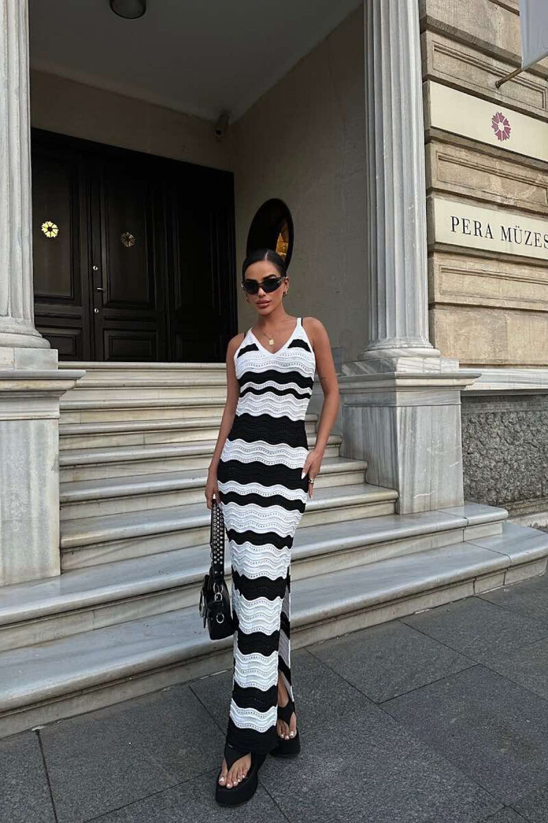 V NECK KNITTED WOMEN DRESS BLACK-WHITE/ZB - 5