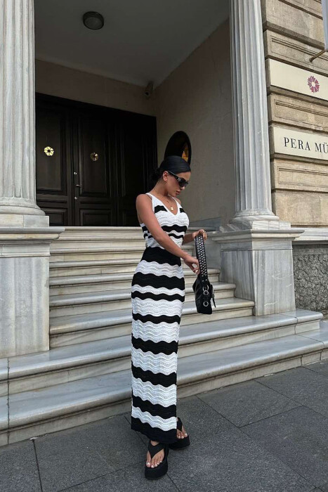 V NECK KNITTED WOMEN DRESS BLACK-WHITE/ZB - 6