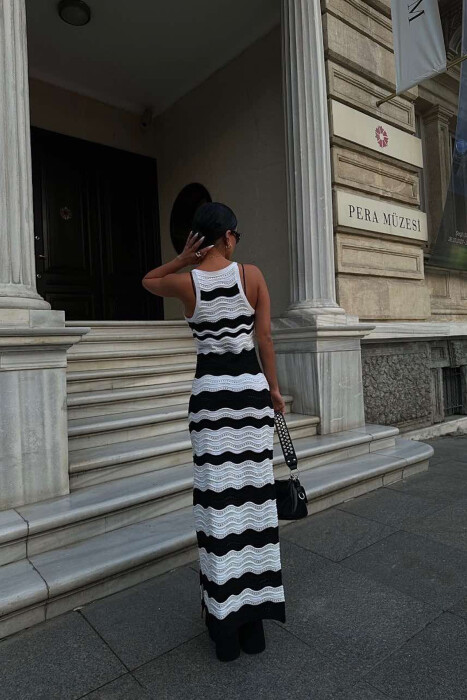 V NECK KNITTED WOMEN DRESS BLACK-WHITE/ZB - 7