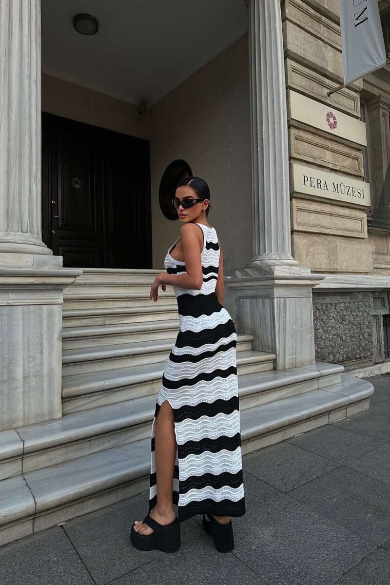 V NECK KNITTED WOMEN DRESS BLACK-WHITE/ZB - 9