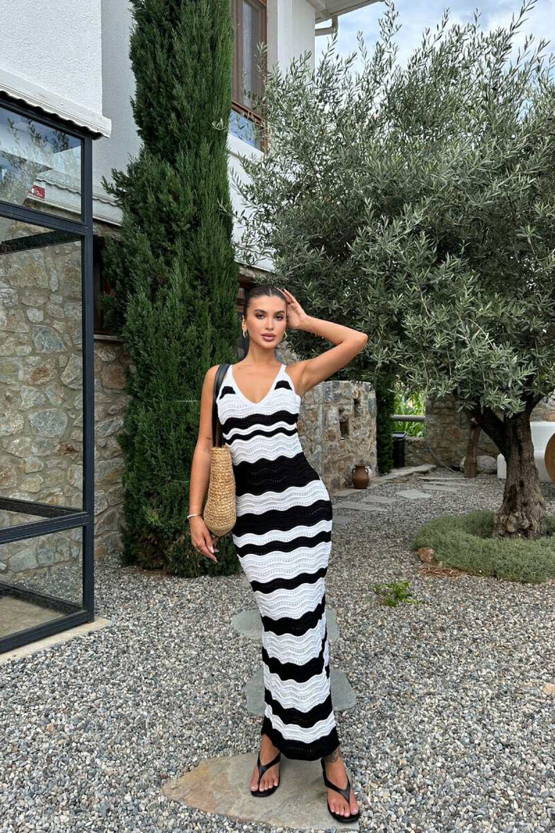 V NECK KNITTED WOMEN DRESS BLACK-WHITE/ZB - 1