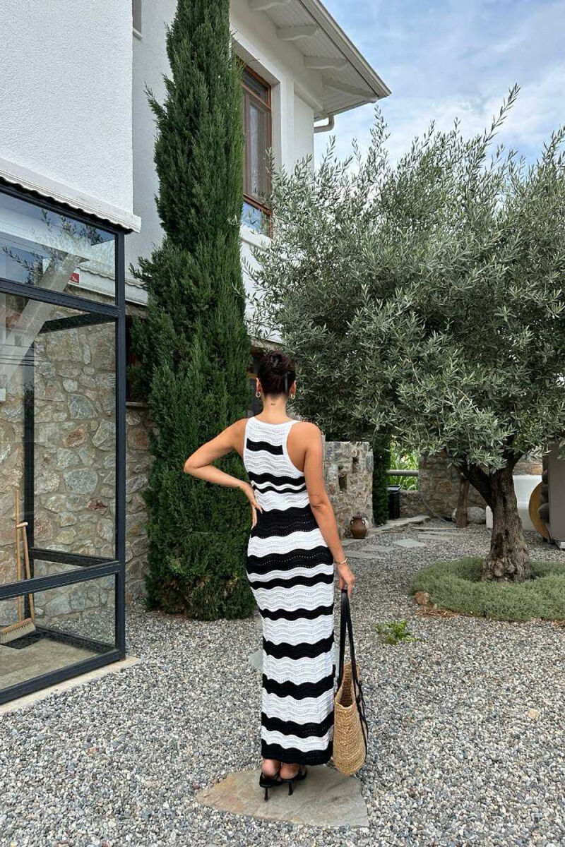 V NECK KNITTED WOMEN DRESS BLACK-WHITE/ZB - 4