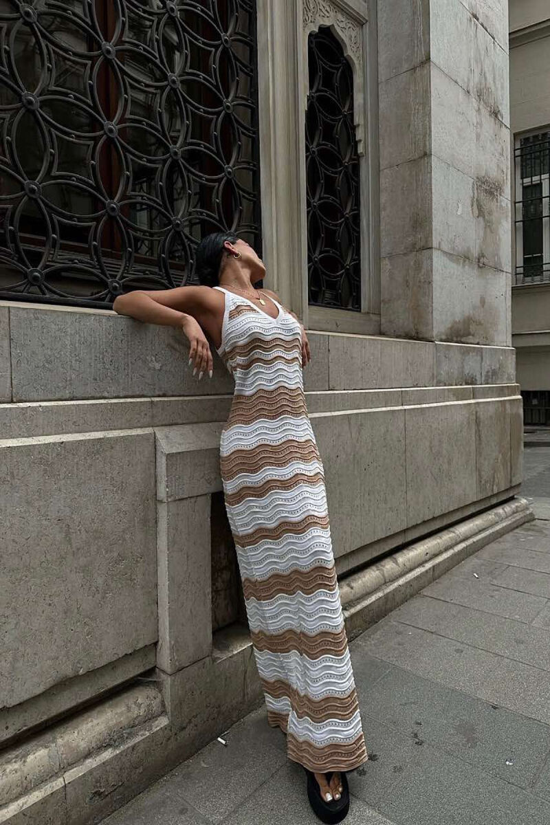 V NECK KNITTED WOMEN DRESS WHITE-BROWN/BAKA - 8