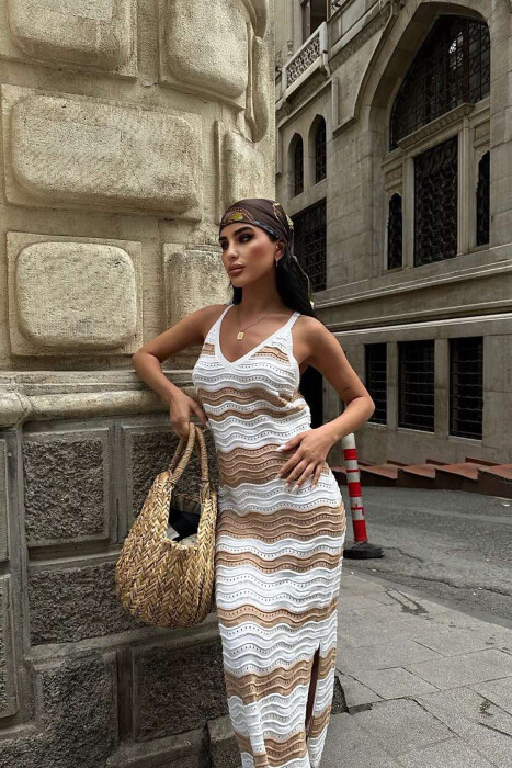 V NECK KNITTED WOMEN DRESS WHITE-BROWN/BAKA - 10