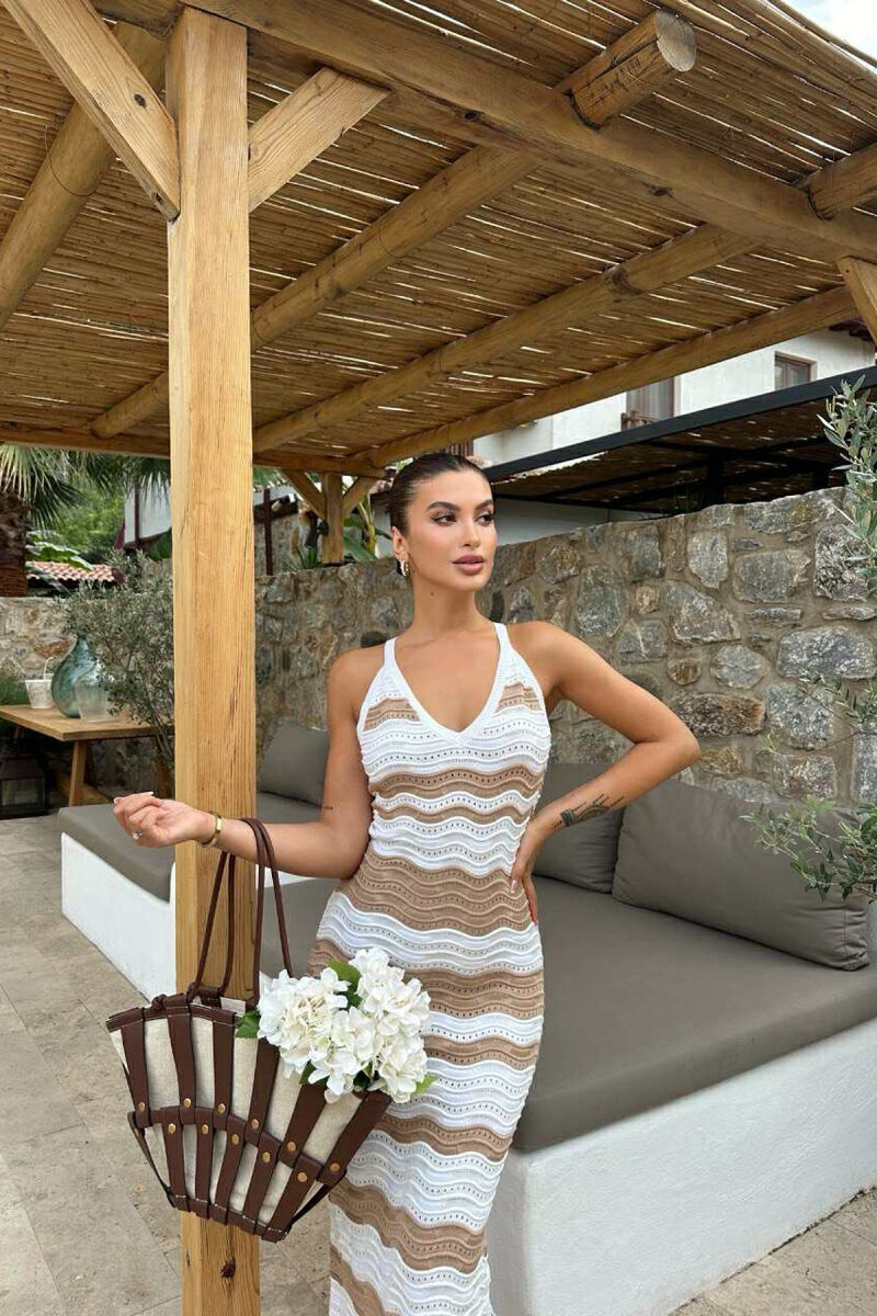 V NECK KNITTED WOMEN DRESS WHITE-BROWN/BAKA - 1