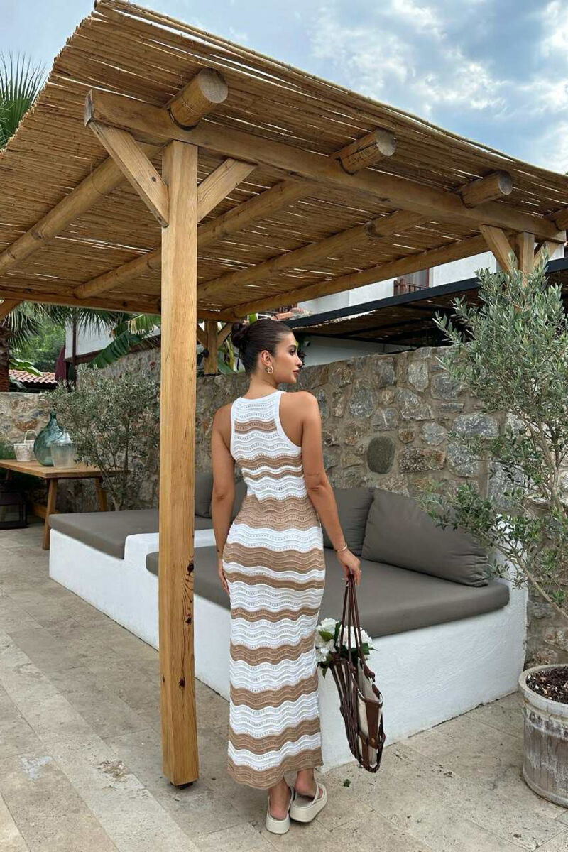 V NECK KNITTED WOMEN DRESS WHITE-BROWN/BAKA - 4