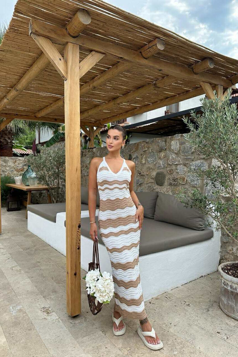 V NECK KNITTED WOMEN DRESS WHITE-BROWN/BAKA - 3
