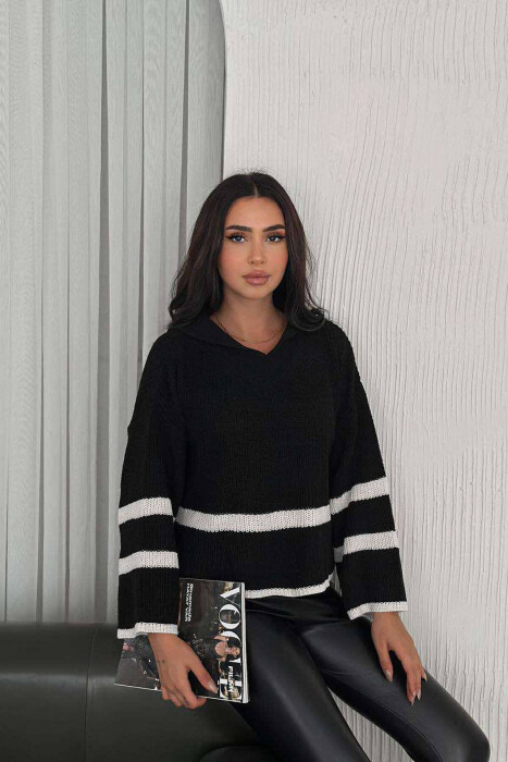 V NECK KNITTED WOMEN SWEATER BLACK/ E ZEZE - 6