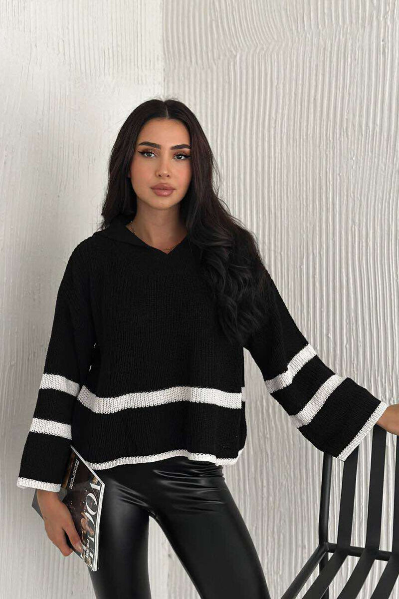 V NECK KNITTED WOMEN SWEATER BLACK/ E ZEZE - 1