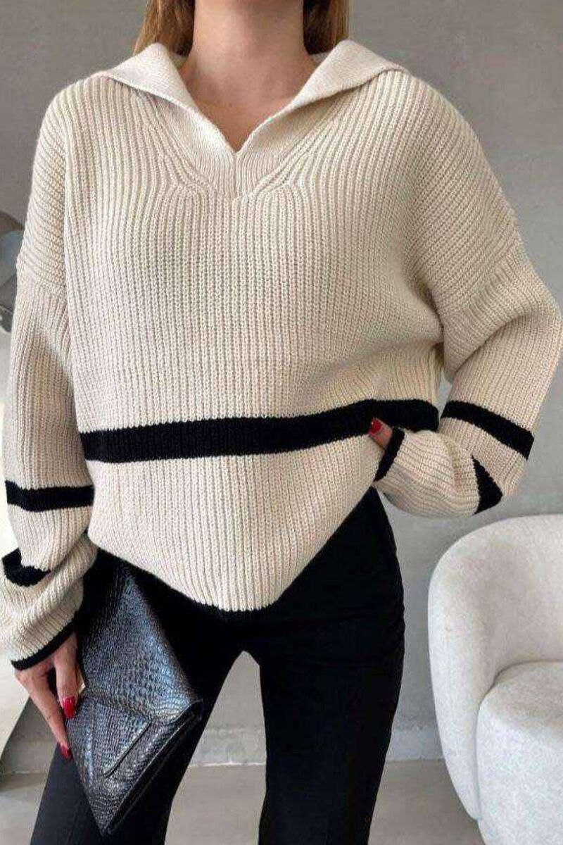 V NECK KNITTED WOMEN SWEATER CREAM/KREM - 1