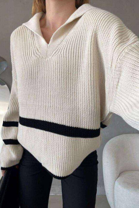 V NECK KNITTED WOMEN SWEATER CREAM/KREM - 2