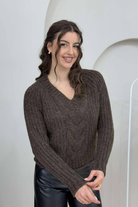 V NECK KNITTED WOMEN SWEATER DARK BROWN/KAE - 4