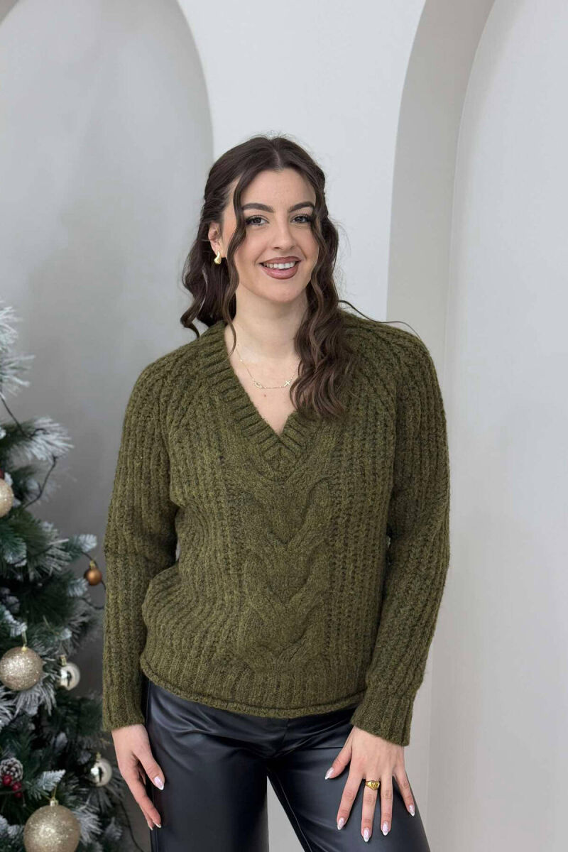 V NECK KNITTED WOMEN SWEATER GREEN/JESHILE - 1