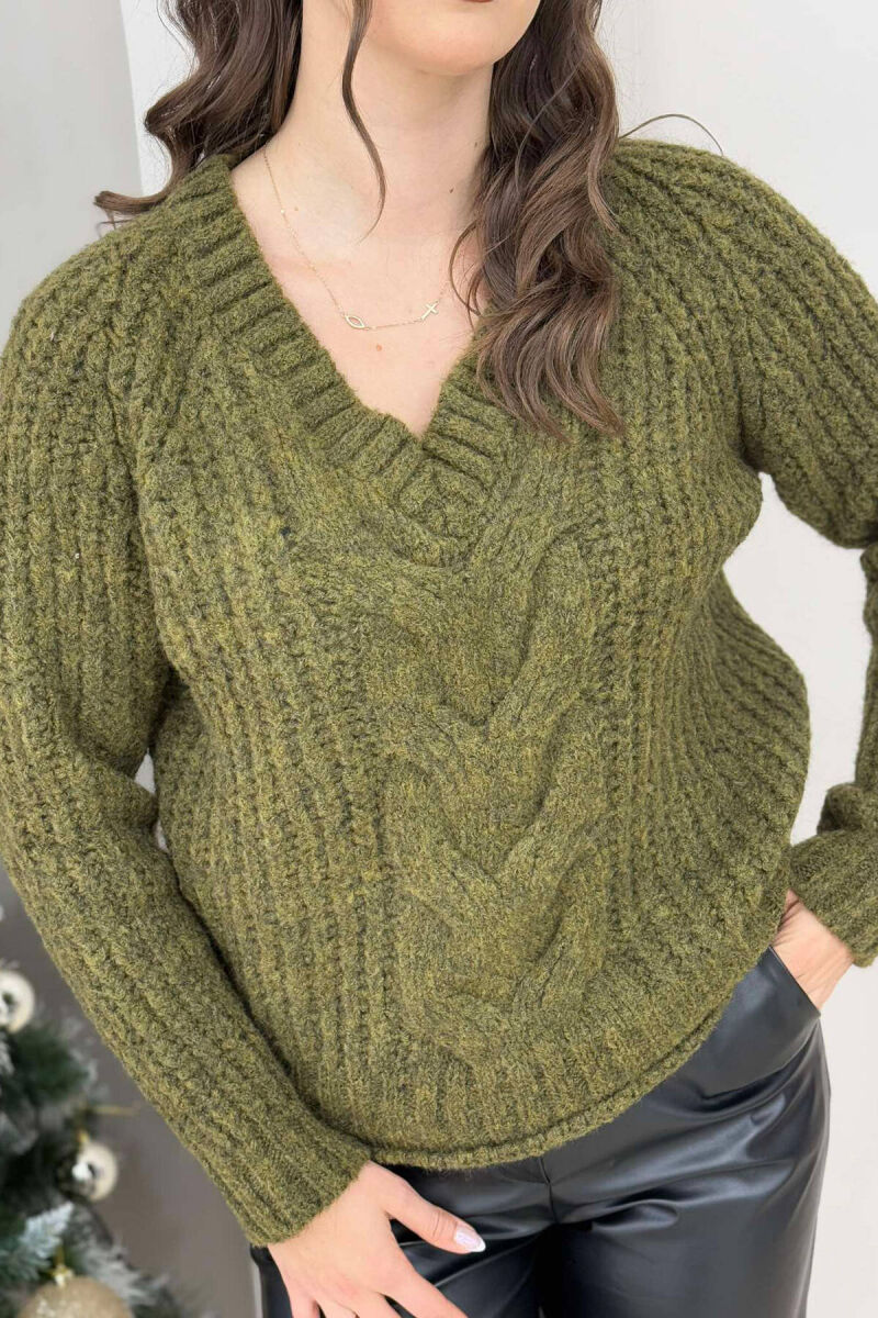 V NECK KNITTED WOMEN SWEATER GREEN/JESHILE - 2