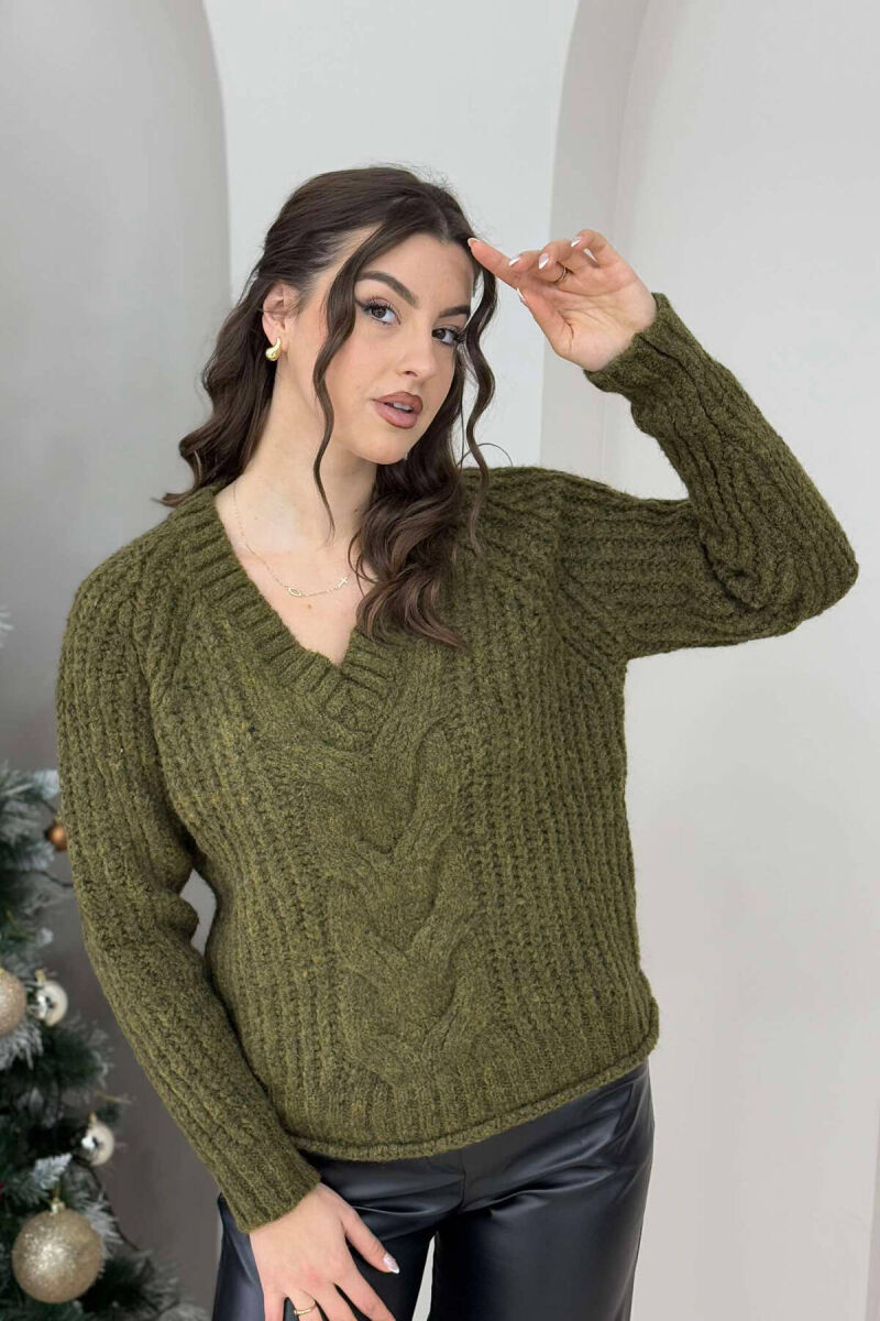 V NECK KNITTED WOMEN SWEATER GREEN/JESHILE - 3
