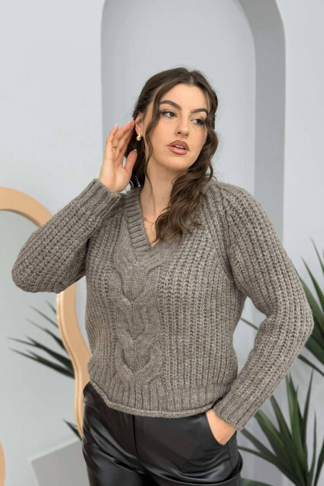 V NECK KNITTED WOMEN SWEATER GREY/GRI 