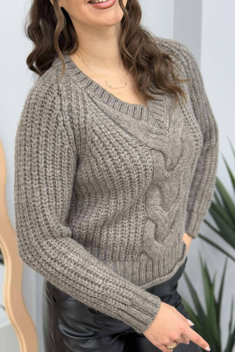V NECK KNITTED WOMEN SWEATER GREY/GRI - 3