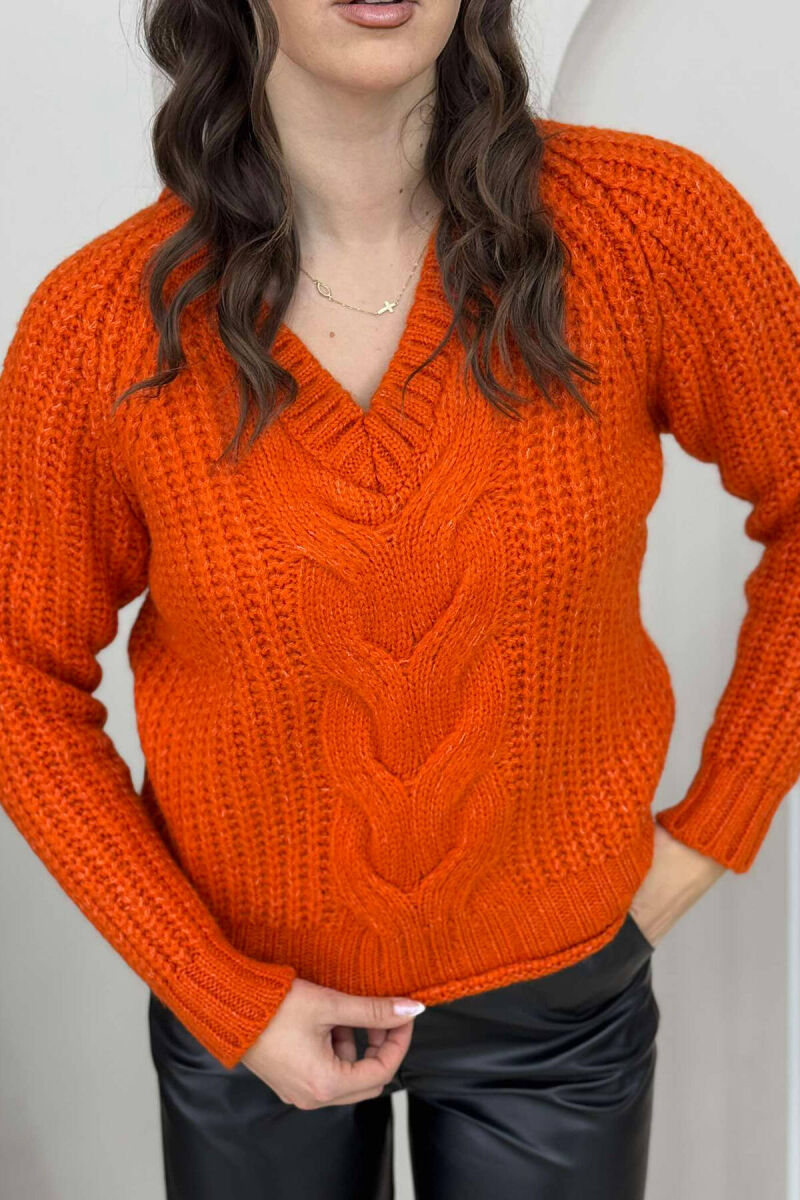 V NECK KNITTED WOMEN SWEATER ORANGE/PORTOKALLI - 2