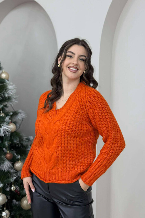 V NECK KNITTED WOMEN SWEATER ORANGE/PORTOKALLI - 4