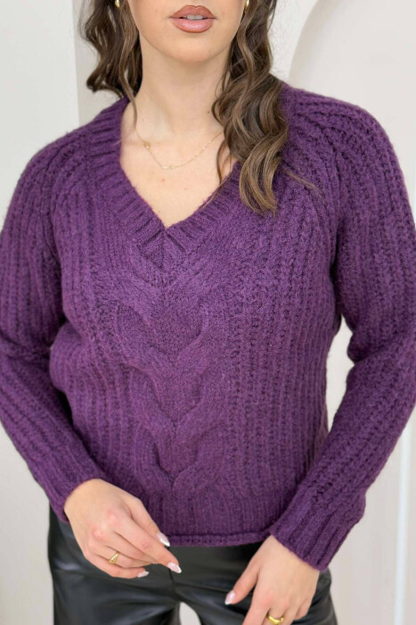 V NECK KNITTED WOMEN SWEATER PURPLE/LEJLA - 3