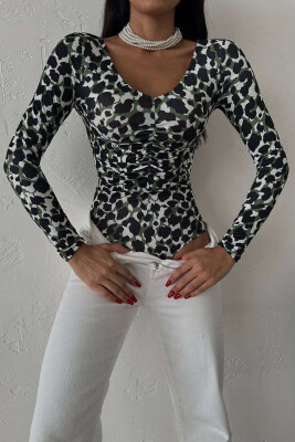 V NECK LEOPARD PRINT LONG SLEEVEWOMAN BODY GREEN/JESHILE 