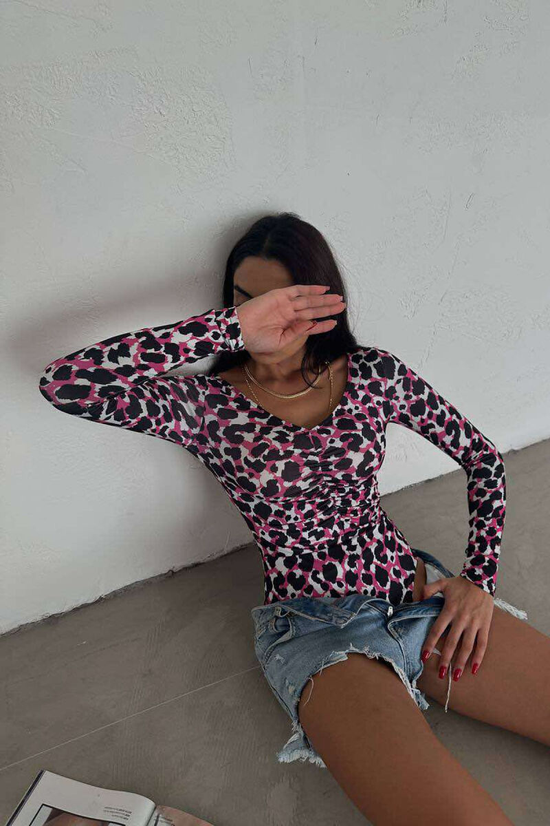 V NECK LEOPARD PRINT LONG SLEEVEWOMAN BODY PINK/ROZE - 2