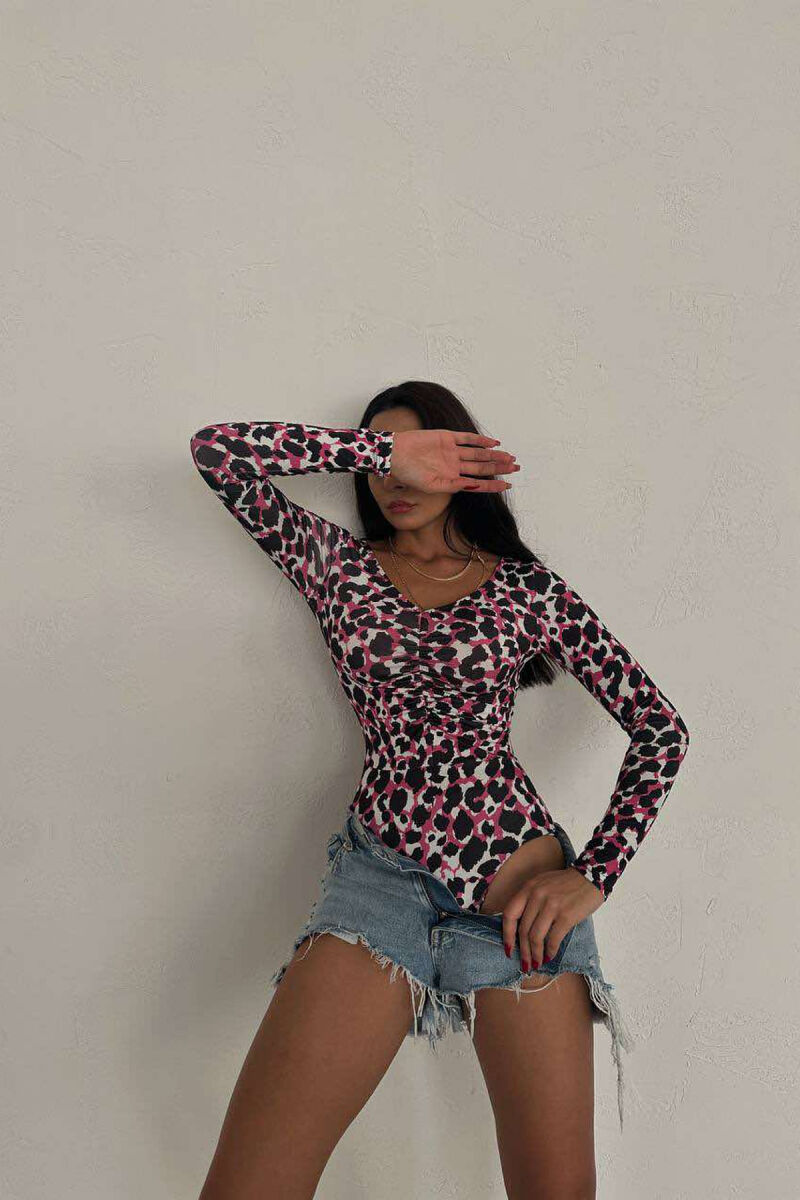 V NECK LEOPARD PRINT LONG SLEEVEWOMAN BODY PINK/ROZE - 3