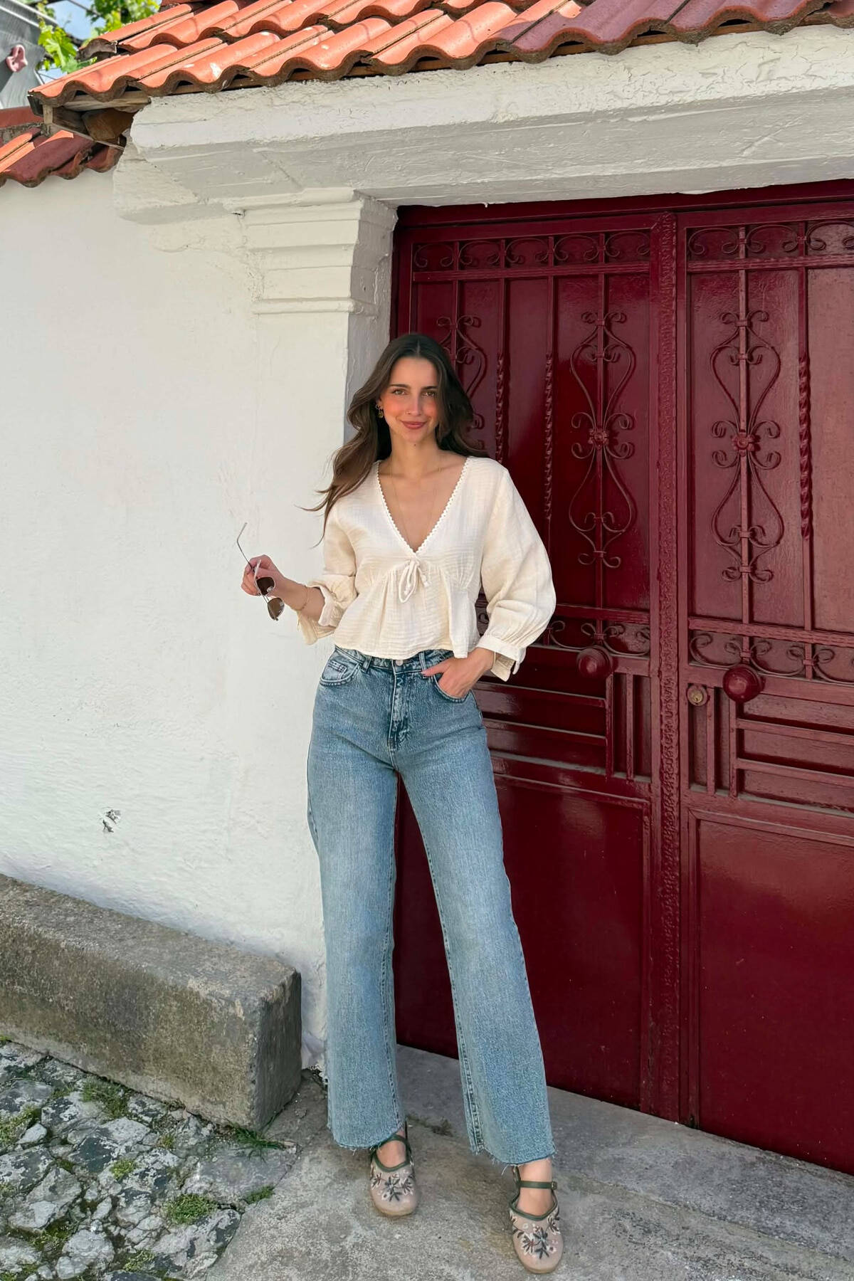 V NECK LINEN BLEND WOMAN SHIRT CREAM/KREM SHIRTS KLAUDIO FASHION