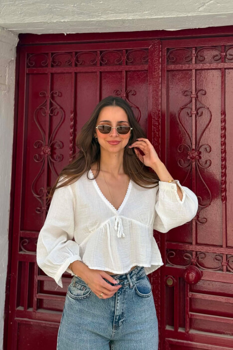 V NECK LINEN BLEND WOMAN SHIRT WHITE-E BARDHE - KLAUDIO FASHION