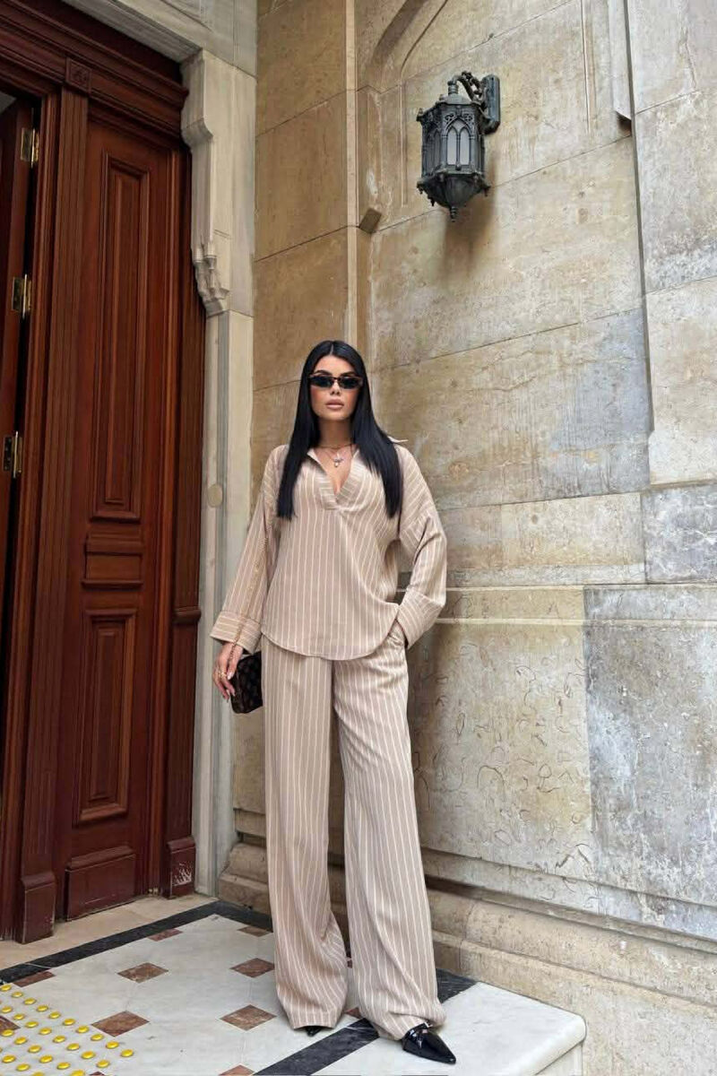 V NECK LINES DESIGN SHIRT+ TROUSERS WOMEN SET BEIGE/BEZHE - 1