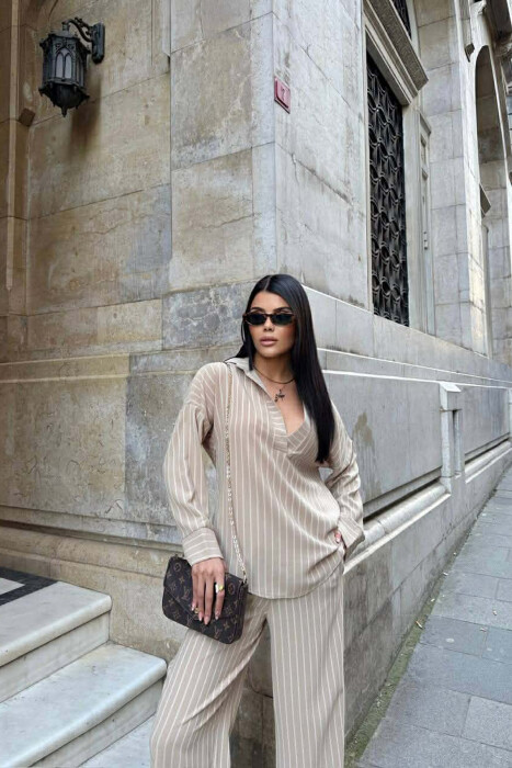 V NECK LINES DESIGN SHIRT+ TROUSERS WOMEN SET BEIGE/BEZHE - 2