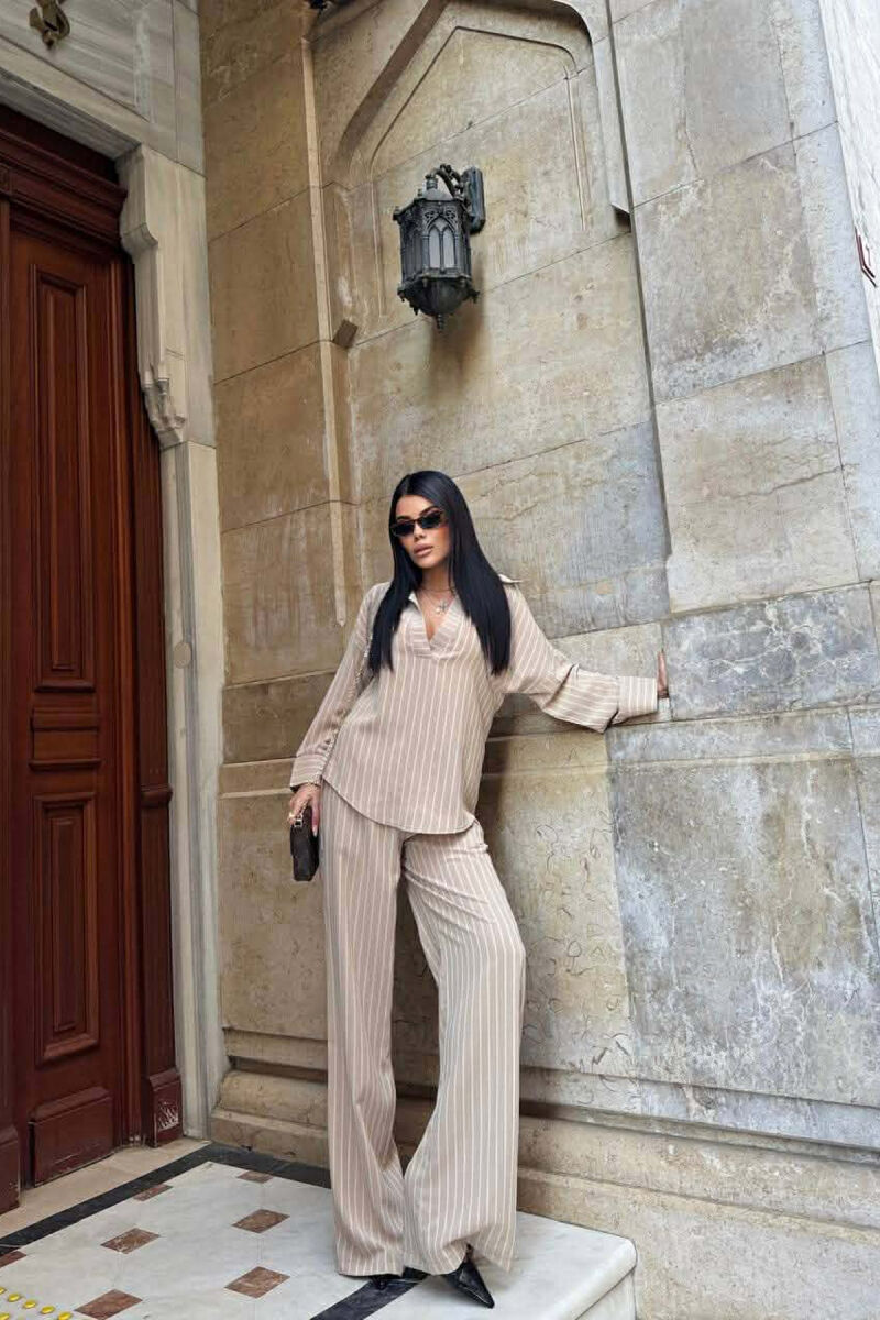 V NECK LINES DESIGN SHIRT+ TROUSERS WOMEN SET BEIGE/BEZHE - 3