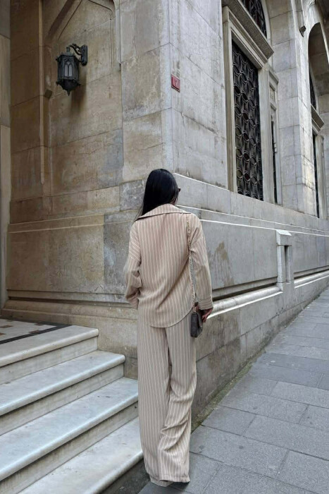 V NECK LINES DESIGN SHIRT+ TROUSERS WOMEN SET BEIGE/BEZHE - 4