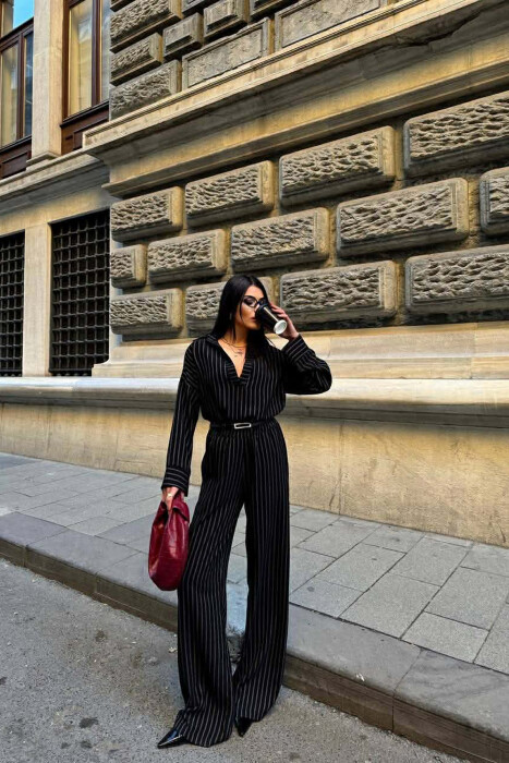 V NECK LINES DESIGN SHIRT+ TROUSERS WOMEN SET BLACK/ E ZEZE - 1