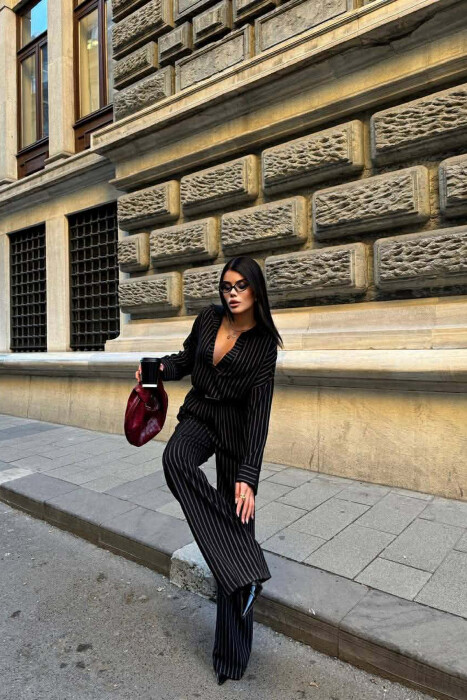 V NECK LINES DESIGN SHIRT+ TROUSERS WOMEN SET BLACK/ E ZEZE - 3