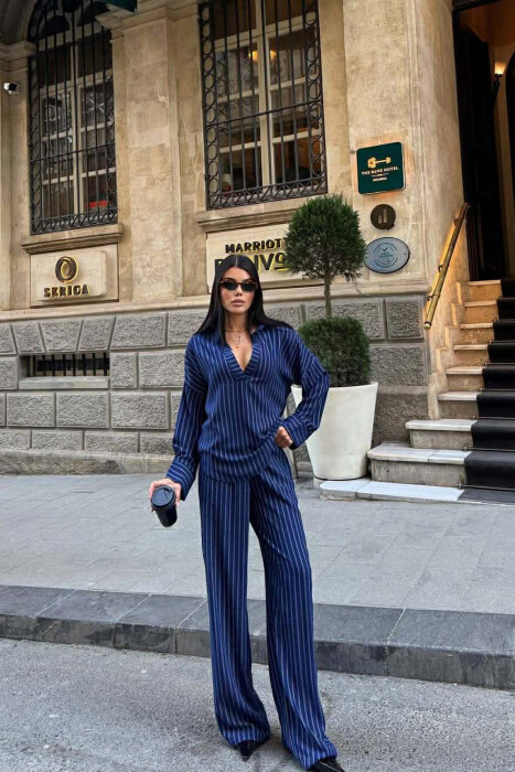 V NECK LINES DESIGN SHIRT+ TROUSERS WOMEN SET BLUE/BLU - 1