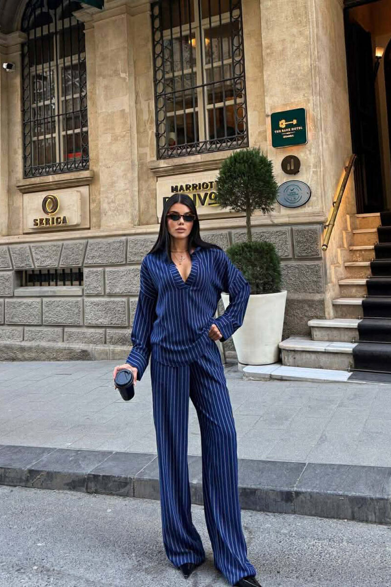 V NECK LINES DESIGN SHIRT+ TROUSERS WOMEN SET BLUE/BLU - 1