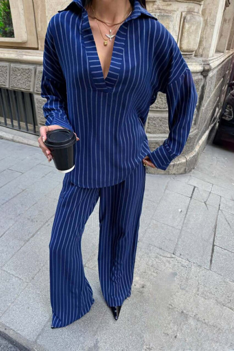 V NECK LINES DESIGN SHIRT+ TROUSERS WOMEN SET BLUE/BLU - 2