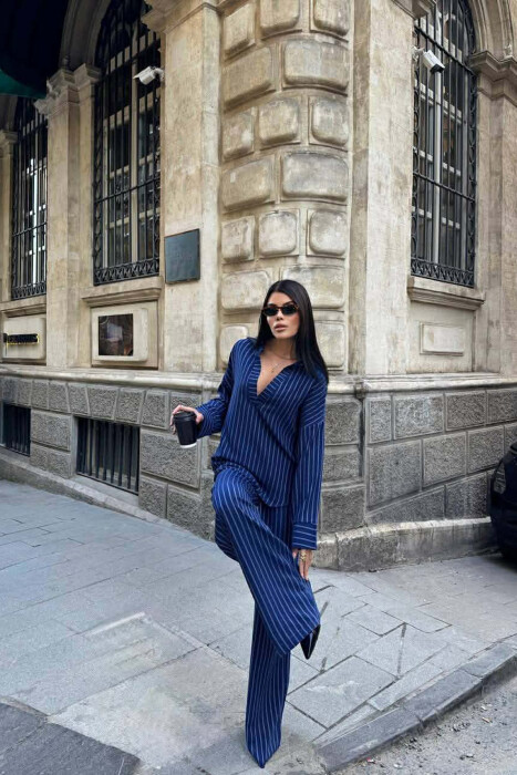 V NECK LINES DESIGN SHIRT+ TROUSERS WOMEN SET BLUE/BLU - 4