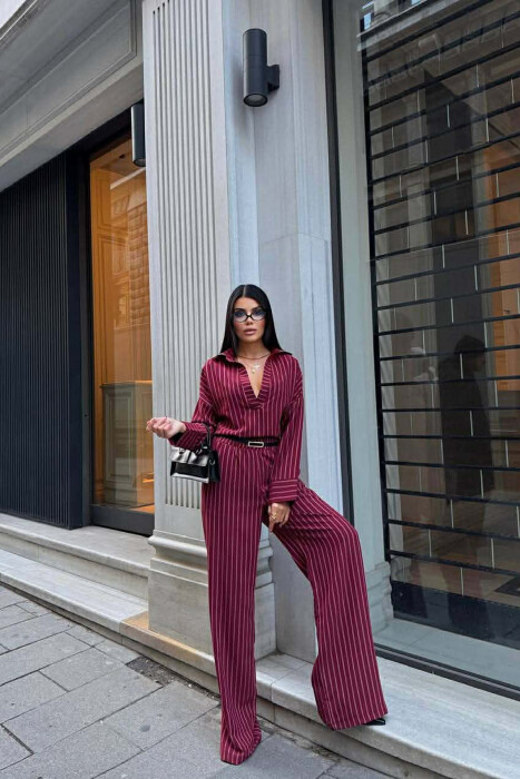 V NECK LINES DESIGN SHIRT+ TROUSERS WOMEN SET BURGUNDY/VISHNJE - 