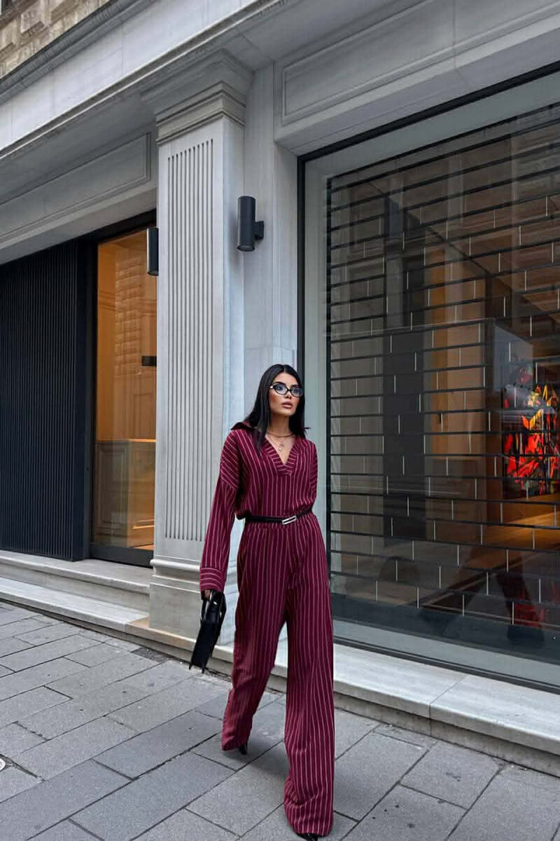 V NECK LINES DESIGN SHIRT+ TROUSERS WOMEN SET BURGUNDY/VISHNJE - 2