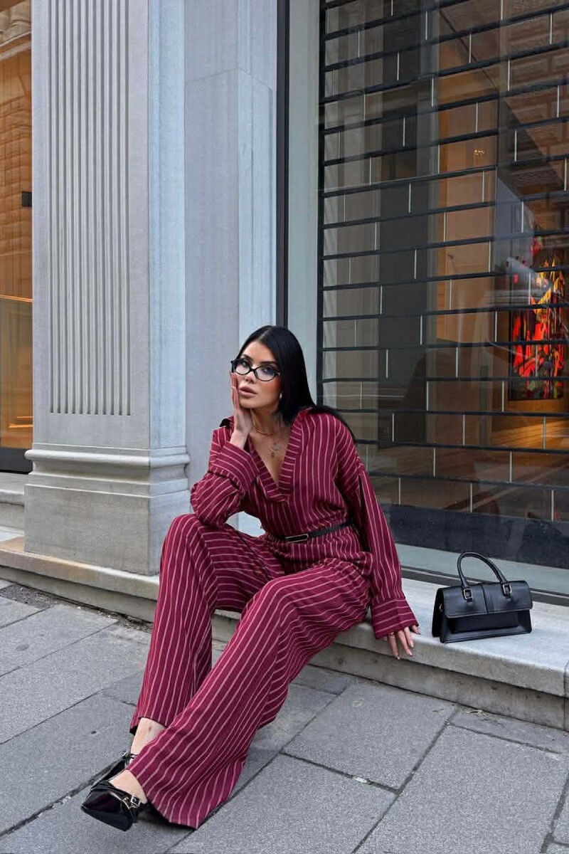 V NECK LINES DESIGN SHIRT+ TROUSERS WOMEN SET BURGUNDY/VISHNJE - 4