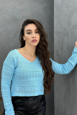 V NECK LINES WOMAN SWEATER BABY BLUE/BLU BY 