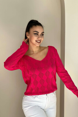 V NECK LINES WOMAN SWEATER FUCHSIA/CIKLAMI 