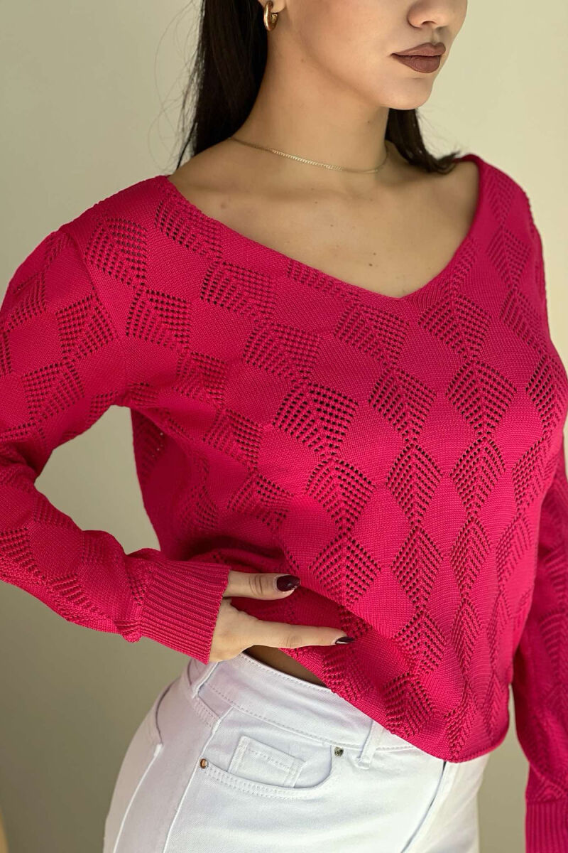 V NECK LINES WOMAN SWEATER FUCHSIA/CIKLAMI - 4