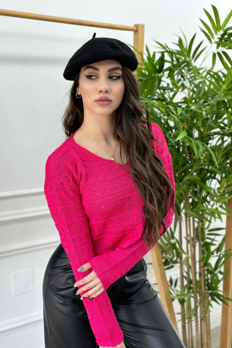 V NECK LINES WOMAN SWEATER FUCHSIA/CIKLAMI - 3