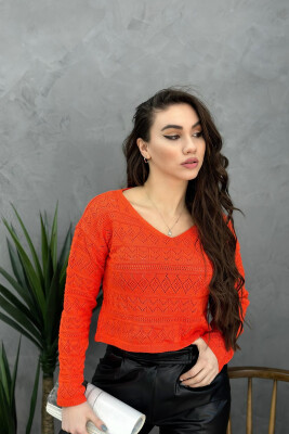 V NECK LINES WOMAN SWEATER ORANGE/PORTOKALLI 