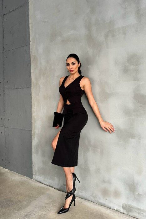 V NECK LONG BUTTONS WOMEN DRESS BLACK/ E ZEZE - 1